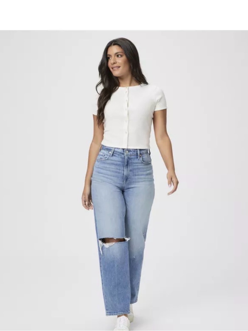 PAIGE Heartthrob Light Blue Straight-Leg Jeans with Knee Rip